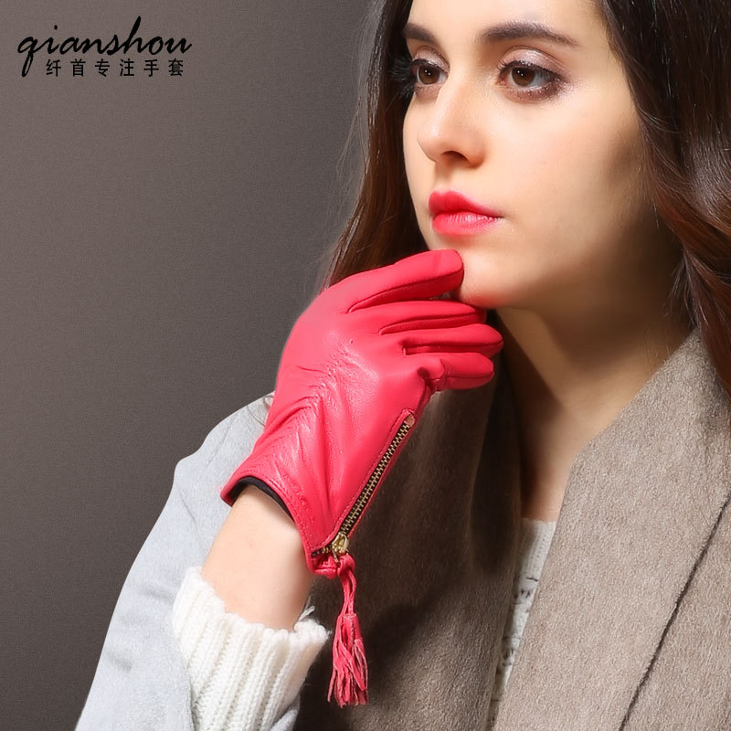 纤首新款皮手套女款新款薄韩版流苏拉链开车短款羊皮包邮真皮手套