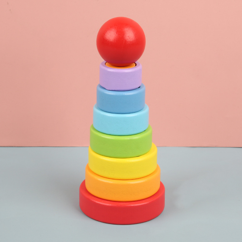 Arco iris jeenga anillo plegable torre plegable columna alta juguetes de madera para niños venta al por mayor tamaño pequeño arco iris torre bloques de construcción