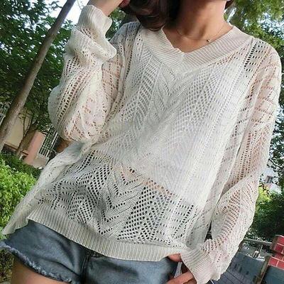 2019宽松薄款针织毛衣春夏季韩版V领套头装长袖针织女衫清凉女装|ru