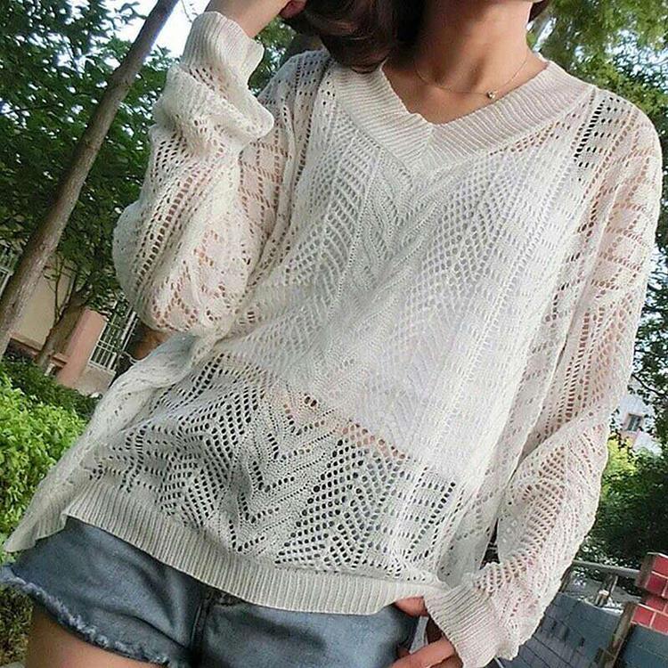 2019宽松薄款针织毛衣春夏季韩版V领套头装长袖针织女衫清凉女装|ru