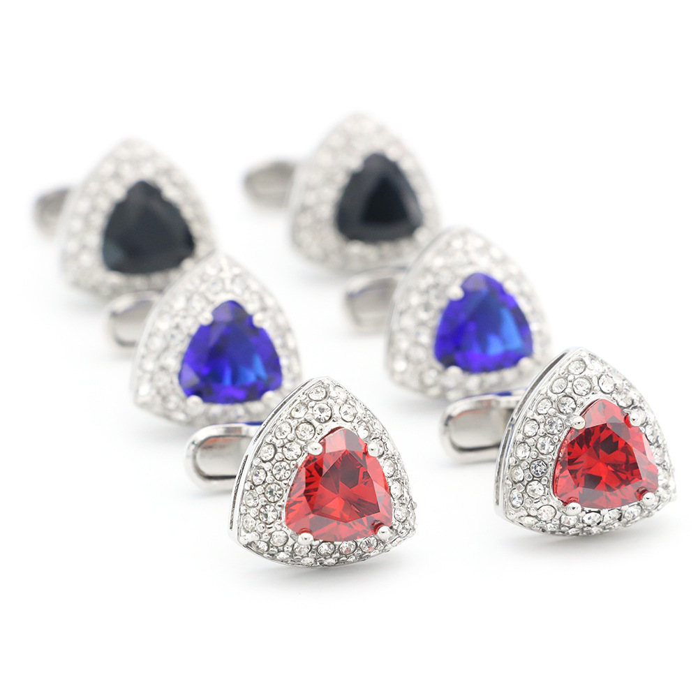 商务风红色蓝色黑色三角形水晶袖扣袖钉男士纽扣礼品饰品