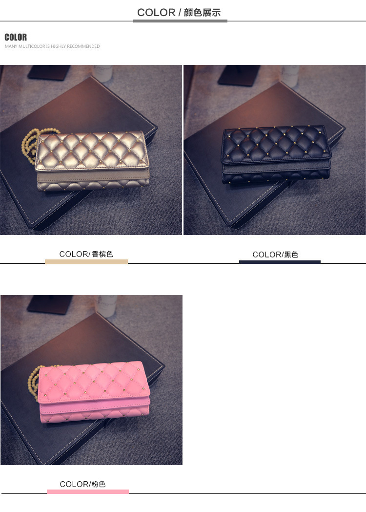 195g Weight Polyester Lining Material Magnetic Buckle Closure Type Pu Leather Material Solid Color Pattern Women'S Gender Fashion Style Square Shape Pink, Champagne, Black Color Korean  Diamond Tri-fold Large-capacity Wallet Wholesale 9