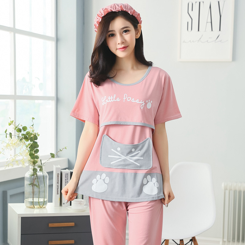 summer Japanese new pattern Maternal go out Month of service Cartoon kitten Short sleeved cotton material pregnant woman Nursing clothes Nursing equipment