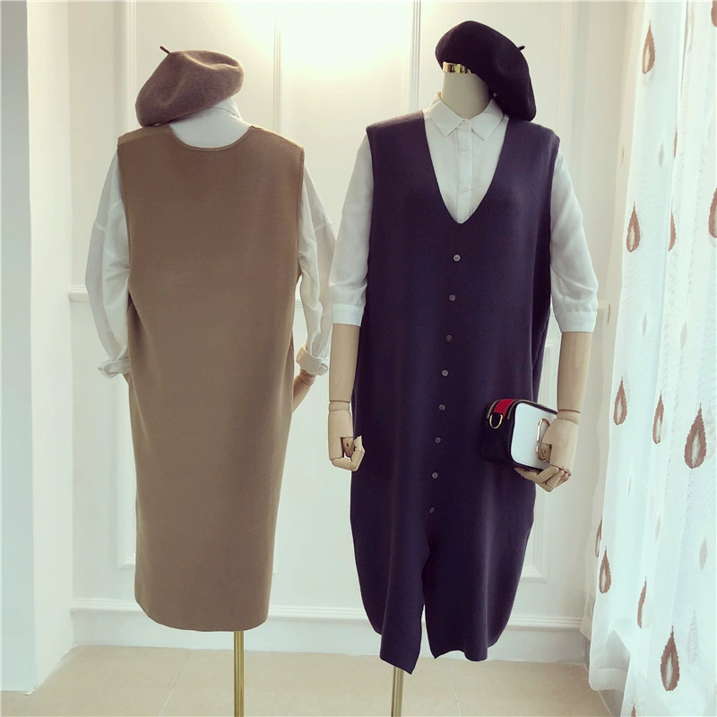 Хлопок 19 Весна Новый Южная Корея Ленивый Стиль Свободный вязаный жилет длинный сплошной цвет все матч свитер платье для женщин 296