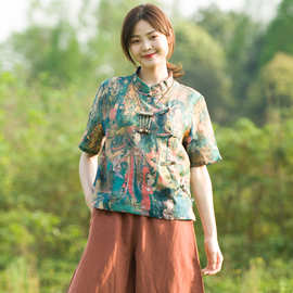 中国风女装枝牌厂家批发苎麻上衣夏文艺复古仕女图案印花中式衬衫