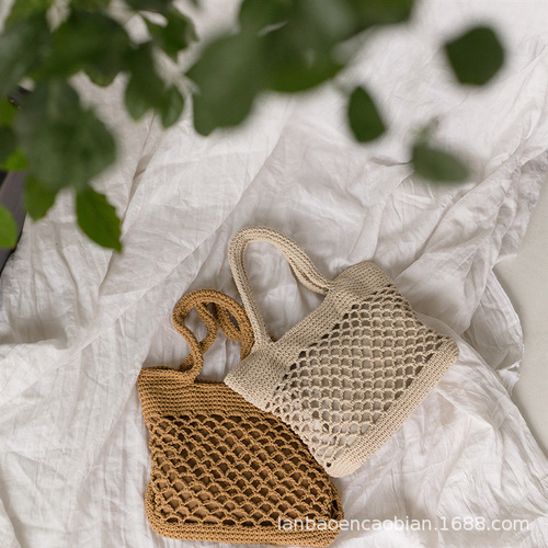 New straw woven bag beach bag portable solid color cotton hand crochet bag trendy female forest style literary style seaside vacation