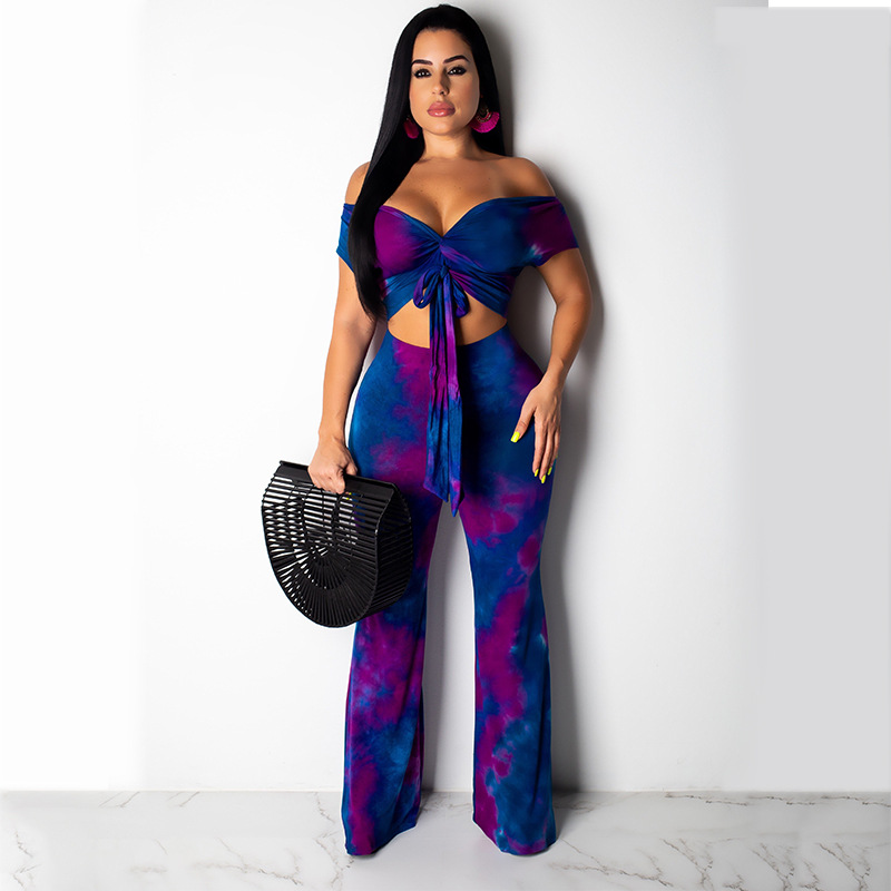 printed large size one word shoulder top & pants 2-piece set NSMYF68692