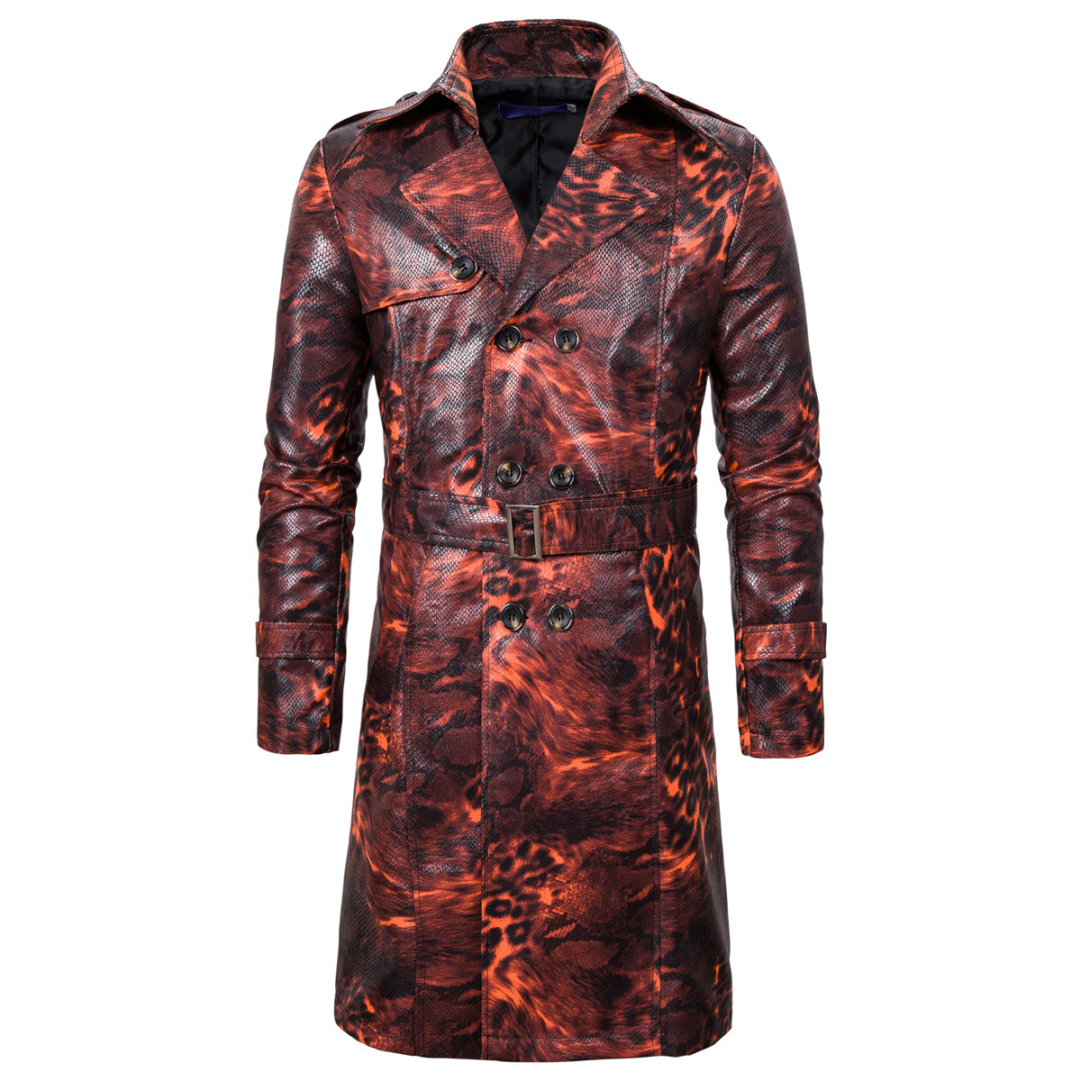 2019 autumn and winter new fashion leopard print medium long double breasted waistband men's windbreaker leather jacket_voghion.com