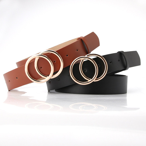 New double-ring belt round buckle alloy snap belt student simple trouser belt sweater coat decorative belt