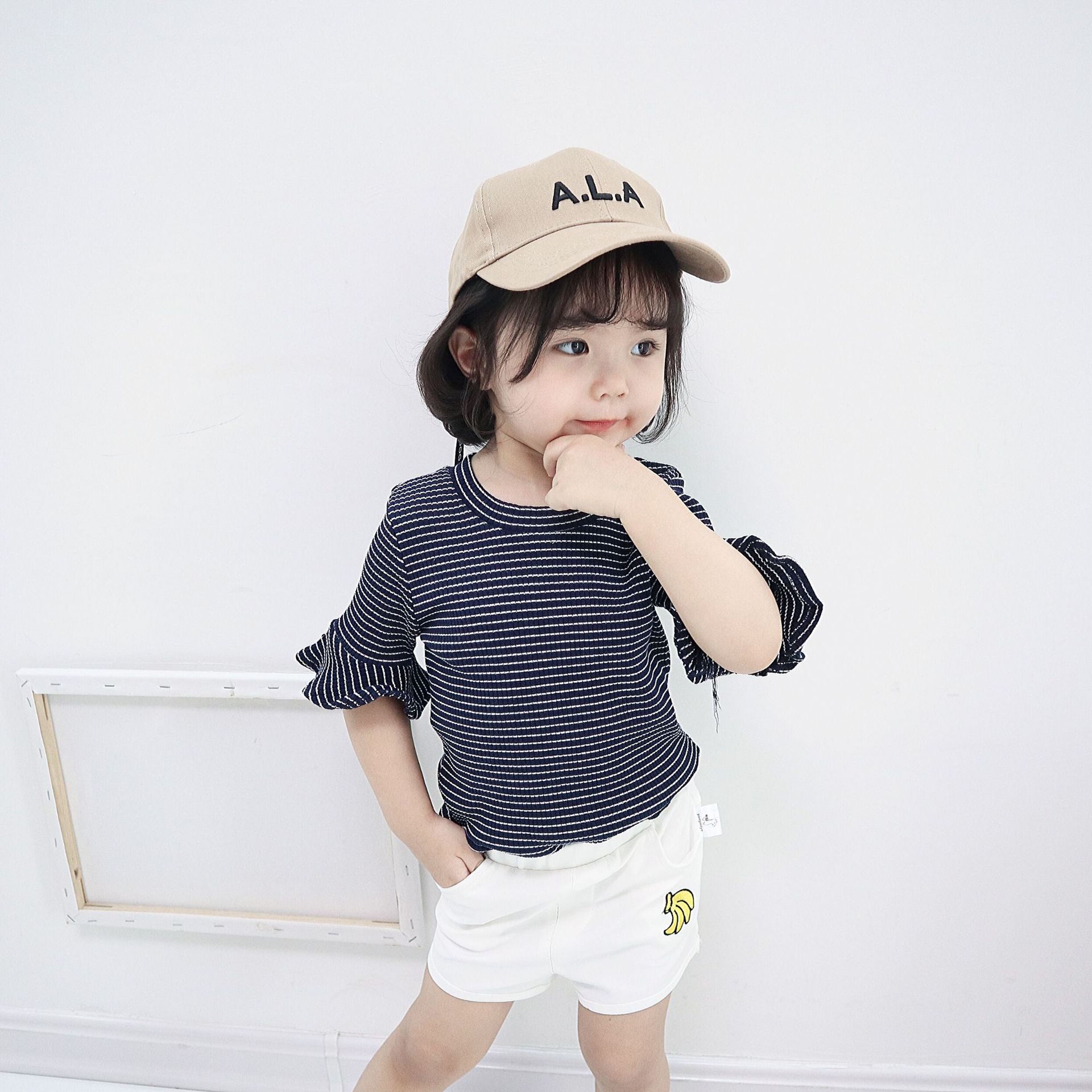 兒童夏季短袖T恤2019韓版嬰幼童女童裝條紋喇叭袖上衣