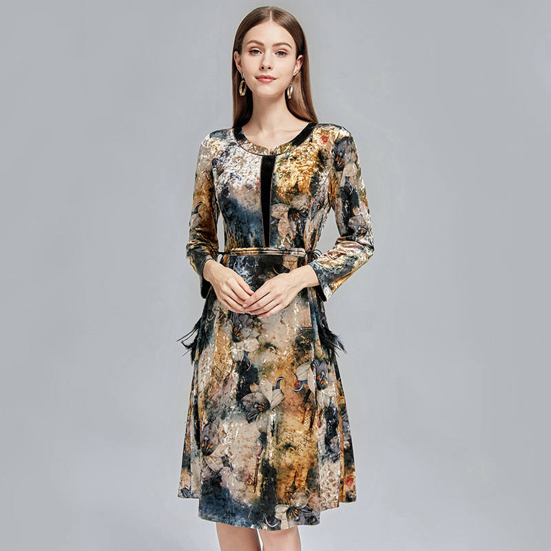 厂家直销丝绒连衣裙长袖2019秋冬新款中年时尚大码妈妈装女装批发