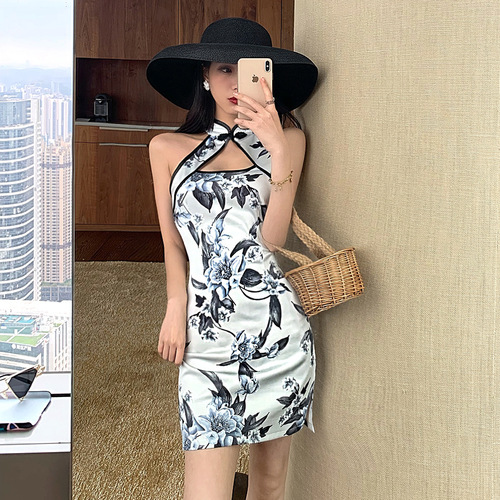 Chinese dress floral qipao for women girls Anchor sexy improved cheongsam skirt fashion slim side slit mini dress 