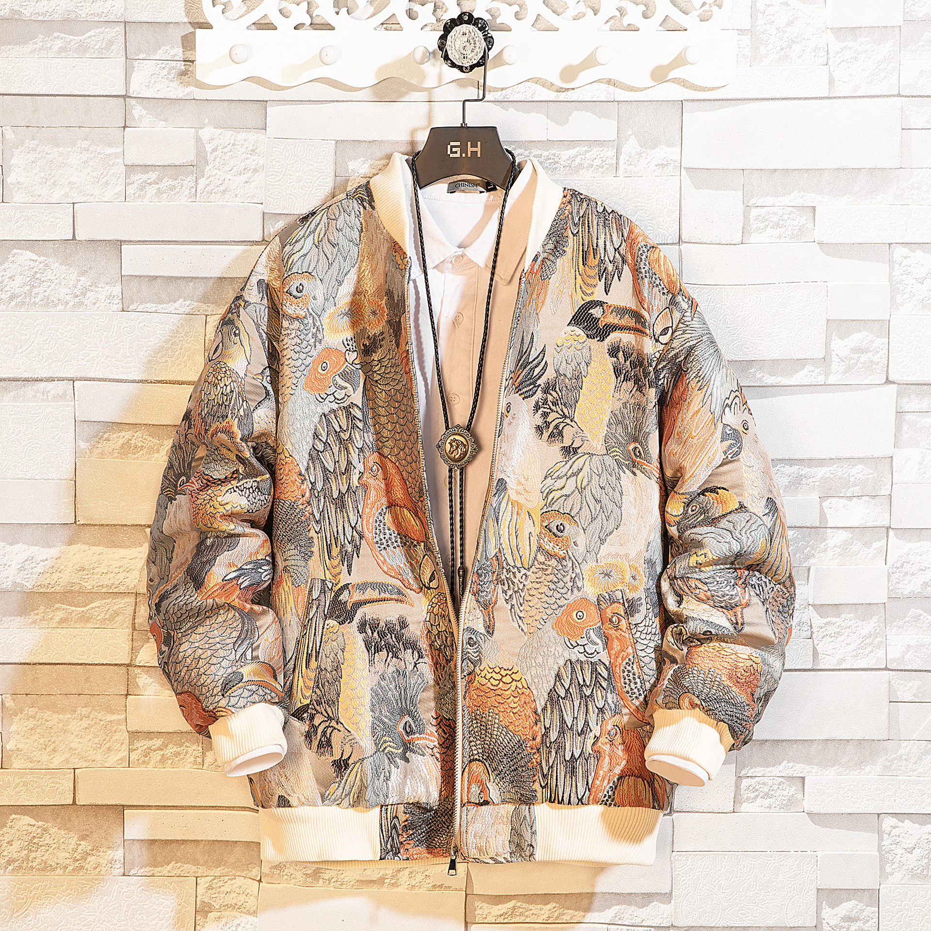 Winter New Men's Animal Embroidered Jacquard Cotton Thickened Stand Collar Jacket Large Size Loose Baseball Clothes Cotton Jacket