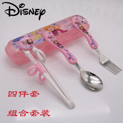 迪士尼儿童餐具 304不锈钢叉勺学习筷子不锈钢勺子餐具套装四件套|ru