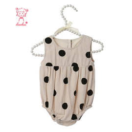 童装新款 旧奶白黑点无弹梭织婴儿爬服 无袖背后纽扣宝宝三角爬