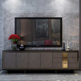 美式轻奢电视柜2 2.2米 简约后现代镀金实木地柜客厅港式金属定