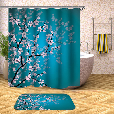 goods in stock supply Polyester fiber cloth Shower Curtains customized printing blue Peach blossom Shower Curtains Home Furnishing Shower Room Partition curtain Bath Account