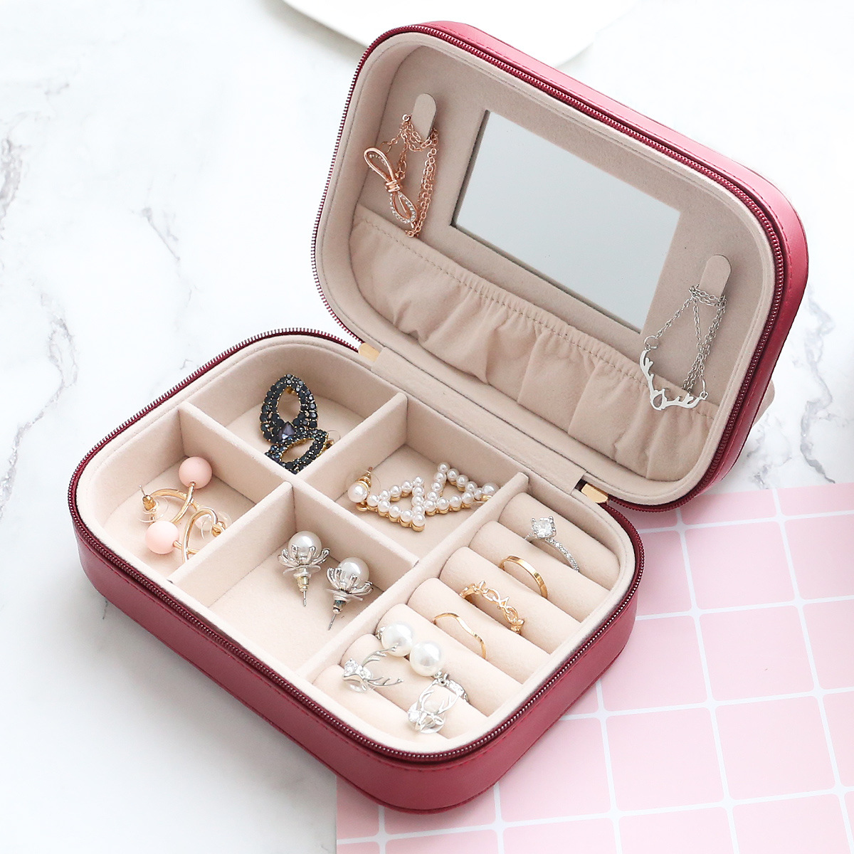 首飾盒PU項鏈耳釘戒指收納盒首飾盒簡約家用ins風出遊便攜款