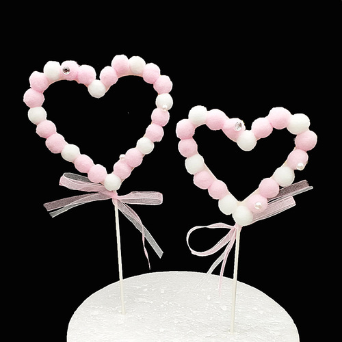 Creative ribbon pom-pom heart cake topper for romantic birthday dessert table decoration, baking cake decoration