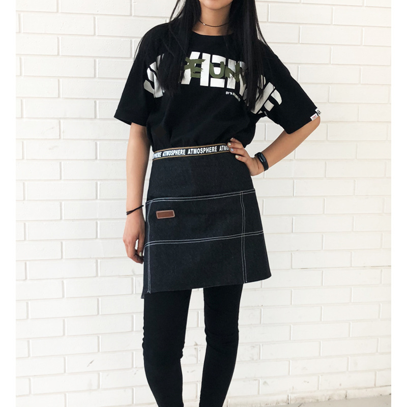Moda delantal de mezclilla de media longitud impresión personalizada leche té Cafetería Restaurante para hornear manicura hombres y mujeres ropa de trabajo