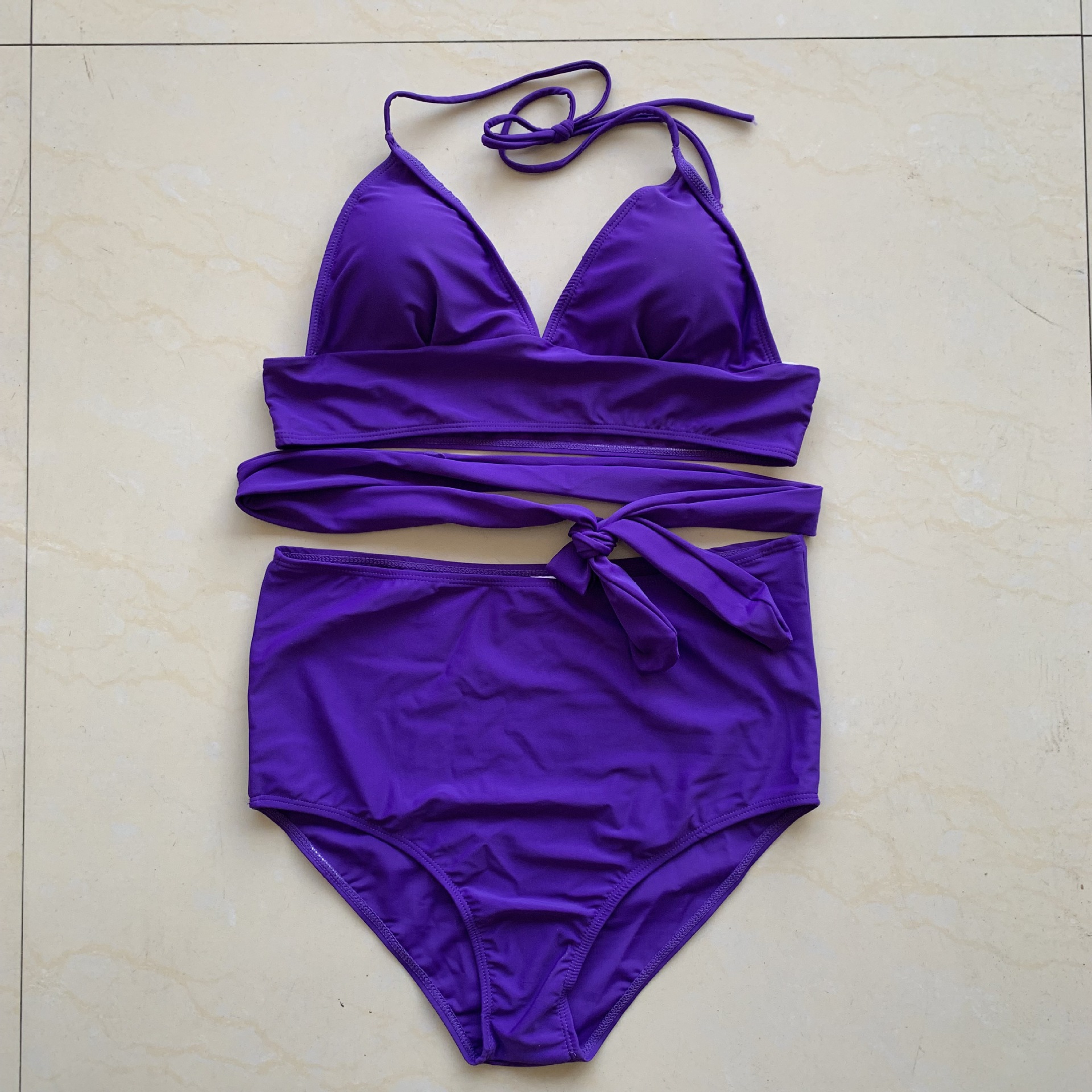 solid color high waist strap split swimsuit  NSHL43134