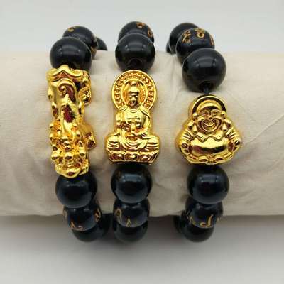 厂家直销仿黑曜石越南沙金貔貅手串 镀金观音佛手链 会销促销礼品