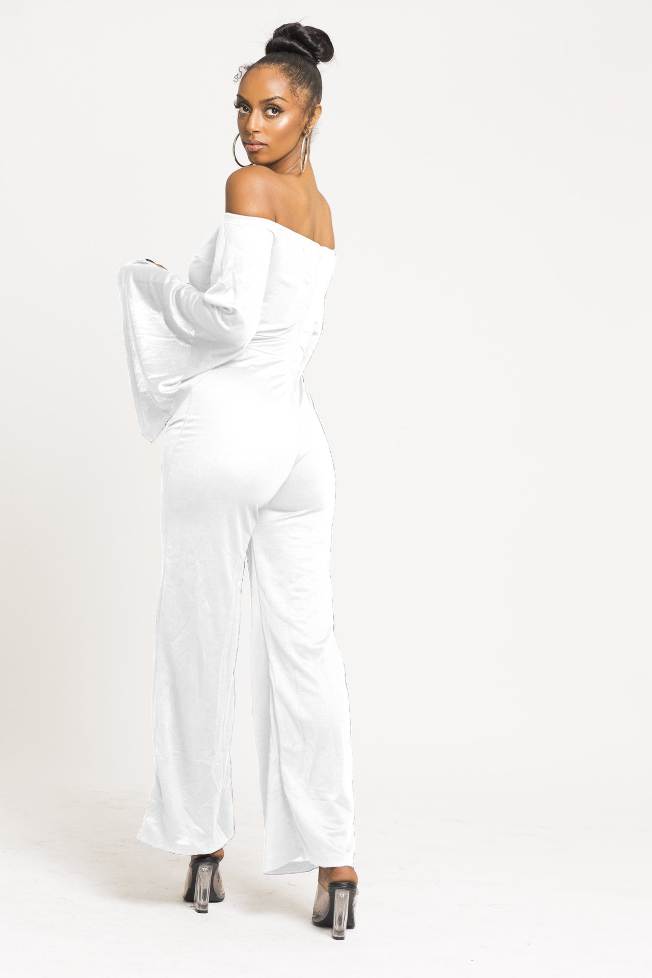Boutique Casual Solid Color Long Sleeves Cropped off Shoulder Jumpsuit