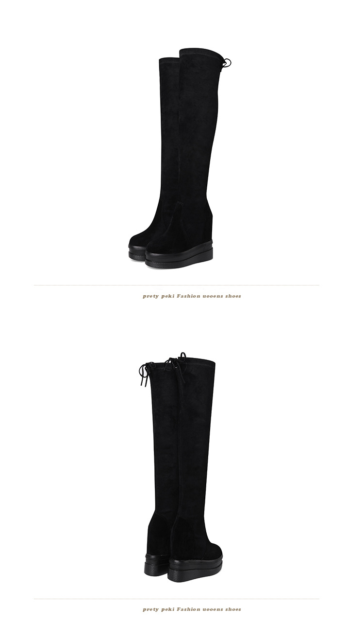 Boot nữ cổ cao ôm bắp chân co giãn, dáng qua gối, đế bệt — Lót lông đen chi tiết 6