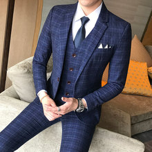 外贸男士西服套装男韩版修身格子西服套装商务西装三件套suit
