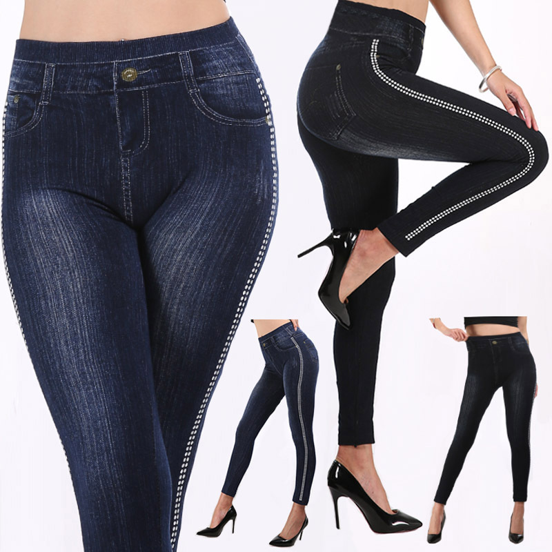 Dam leggings denim look hög midja bomull med prickar byxor_voghion.com