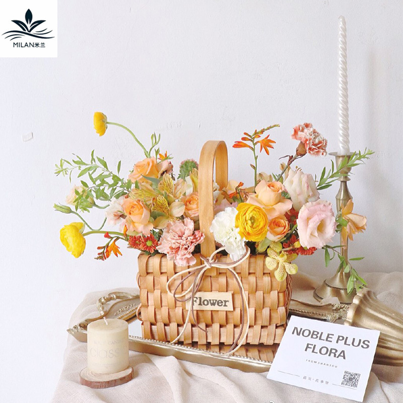 Cesta de flores de madera tejida a mano pequeña pieza de madera rectangular cesta de flores portátil flor floral arreglo floral cesta suculenta planta cesta de flores
