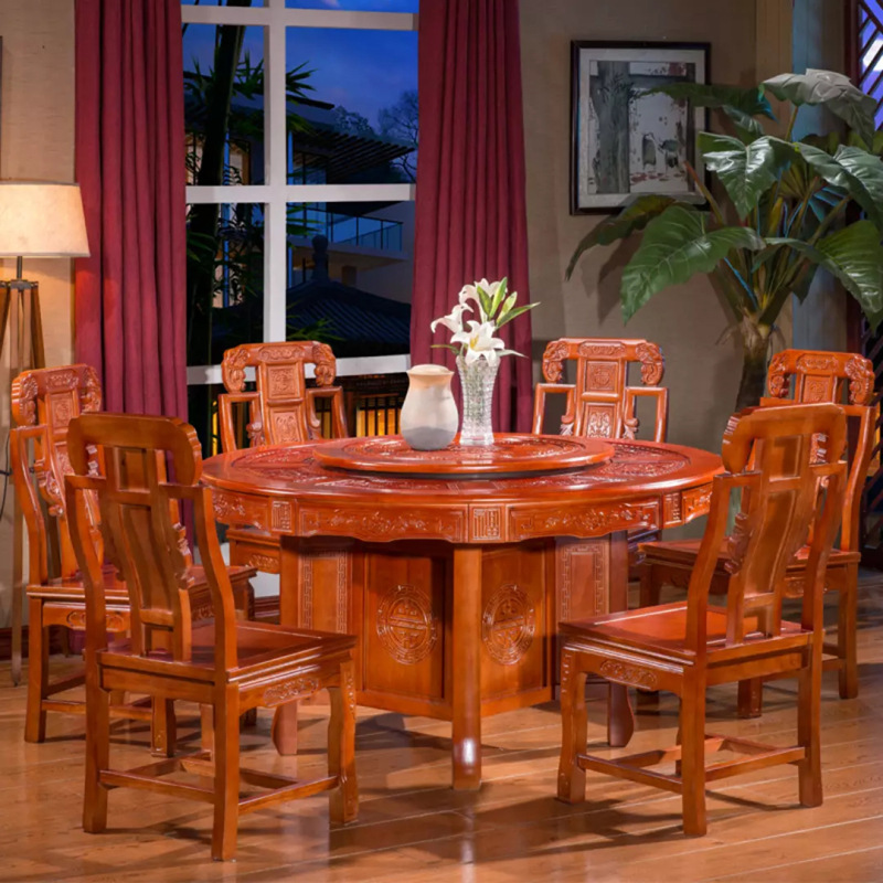 Chinese-style antique carved round table solid wood dining table and chair combination Ming and Qingzhi home hotel big round table factory direct sales