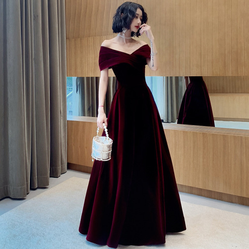 Evening Dresses cocktail party banquet dress vestido de banquete de cóctel Maid party wine red velvet long one shoulder evening dress