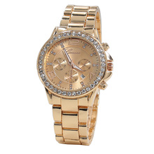 新款日内瓦钢带手表 日历玫瑰金色时尚女士手表外贸热卖镶钻手表
