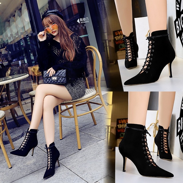 fashion sexy nightclub show thin high heel suede pointed tie cross tie hollow short boots