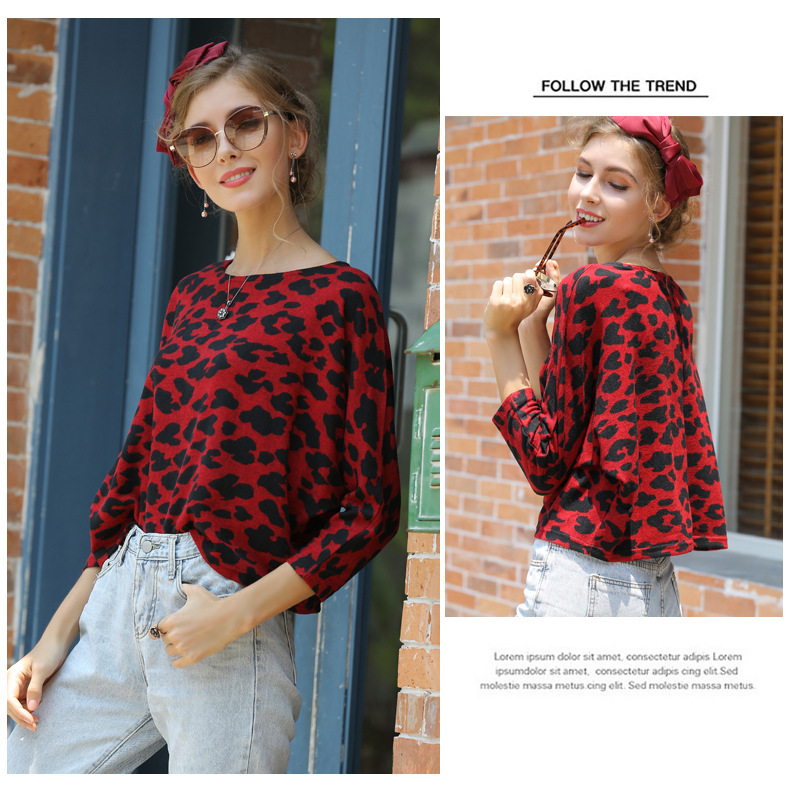 leopard printed loose knit T-shirt NSYH9727