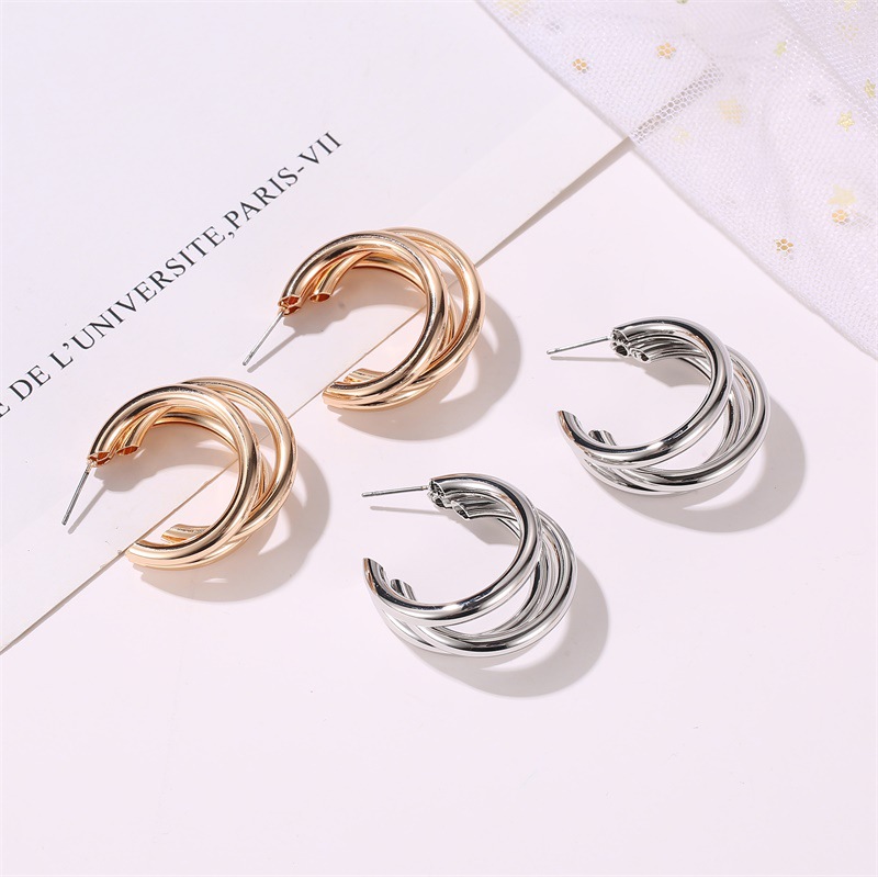 New Metal Three-layer Semicircle Cross Fashionable Exaggerated C-shaped Earrings Wholesale display picture 3