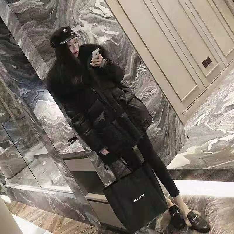 2019冬新款皮毛一体羊滩毛oversize宽松侧开衩中长款羽绒服外套