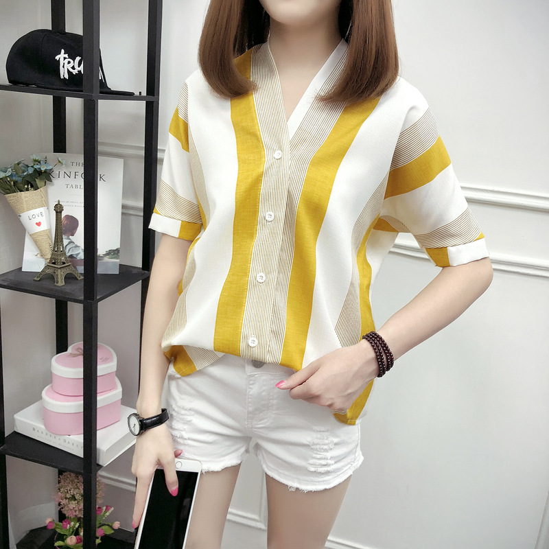 2019 Summer New Fashionable Loose Large Size V-neck Striped Shirt Women's Short-sleeved Top bf Casual Korean Style