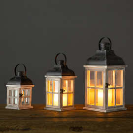 跨境欧式复古木质玻璃风灯铁艺烛台装饰简约创意家居摆件蜡烛