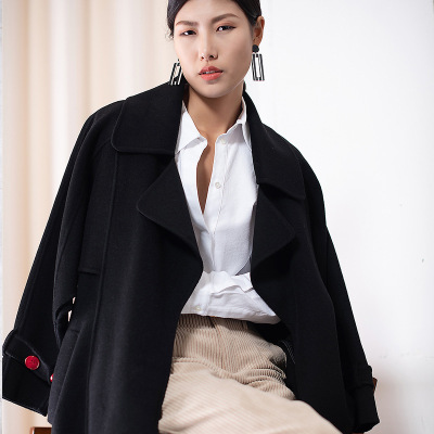 双面羊毛大衣女2019秋冬新款欧美风衣领中长款黑色呢外套一件代发|ru