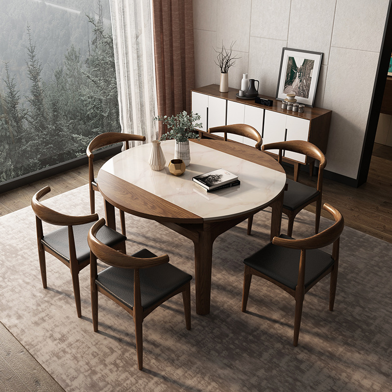 北歐餐桌椅組合客廳樣品房可伸縮折疊大理石餐桌小戶型火燒石飯桌