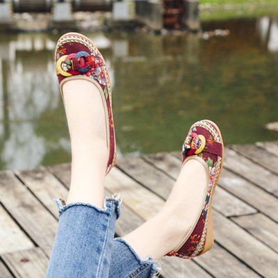 新款复古名族风绣花鞋女浅口舒适单鞋牛筋底平跟老北京布鞋月子鞋|ru