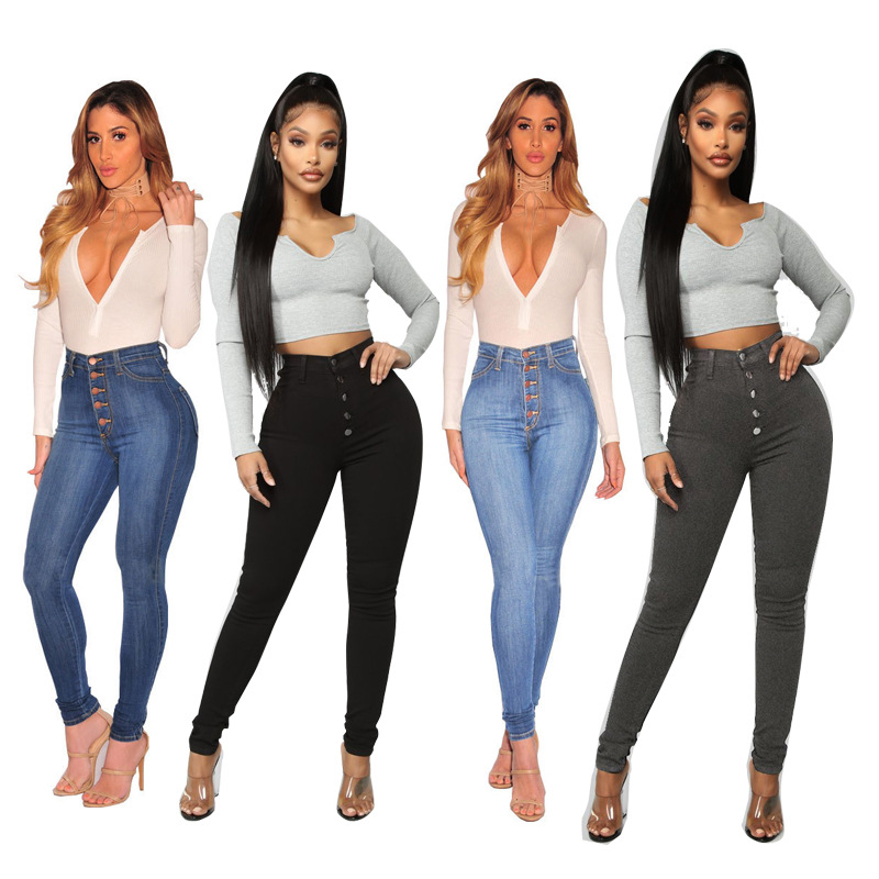 Amazon women's 2021 European and American high waist hip slim breasted new jeans women trousers cross-border