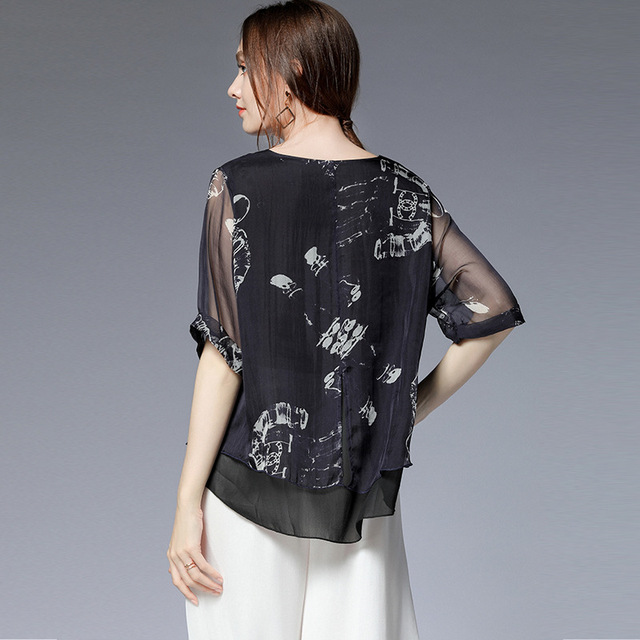 New Fashion Splice Printed Silk Chiffon Blouse Summer 