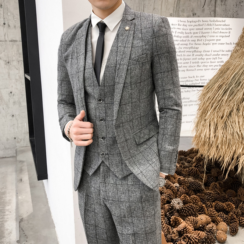 跨境出口 2020春季新款韩版修身西服套装男 结婚季格子西装三件套