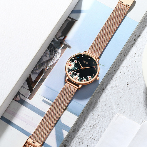 Fashion watch for women, waterproof, stainless steel mesh strap, fresh and light quartz watch for women, camellia flower lady watch