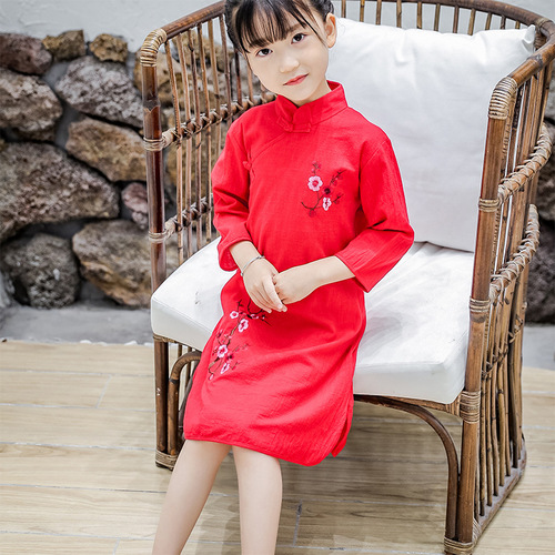 Children Chinese Dress cheongsam sleeve slub cotton embroidered cheongsam dress show dress