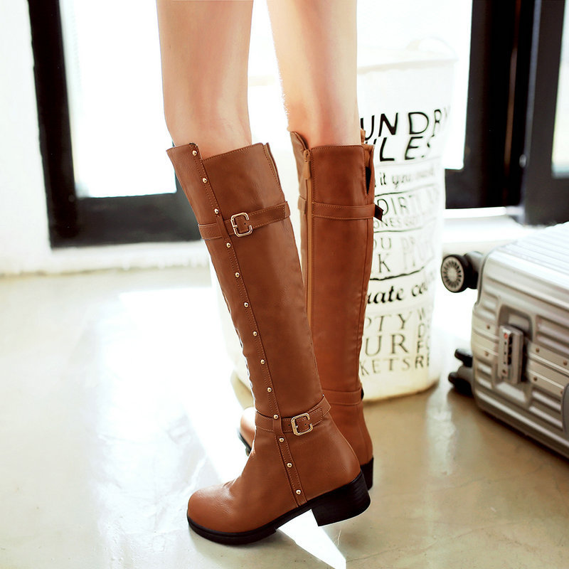 Foreign Trade Autumn and Winter Large Size Knights Boots Women's High Barrel Low Heel Side Zipper Buckle Boots Knee-high Boots Leather Boots Motorcycle Boots