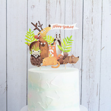 烘焙蛋糕装饰 森系多层狐狸小鹿狸猫狗獾豺鼠DIY绿叶材料包